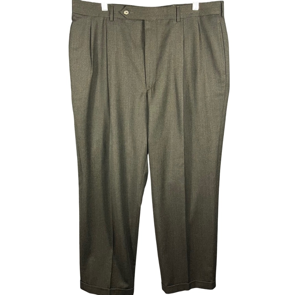 Corbin Dress Pants Mens 33x29 Olive Brown Pleated Cuffed Made in USA Trousers